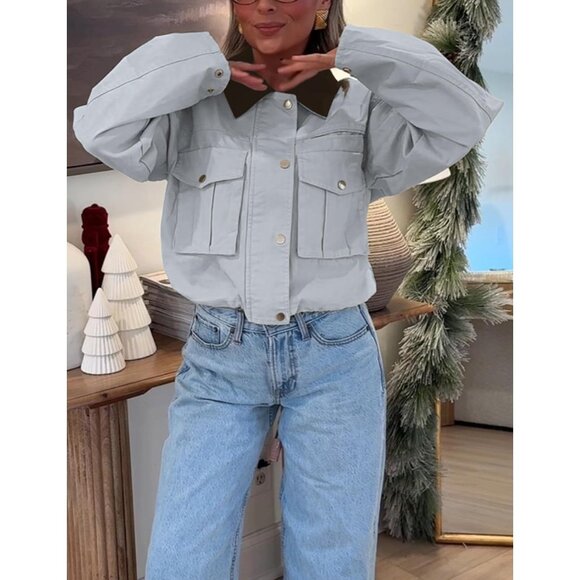 Women Blue Cropped Utility Cargo Coat Contrast Collar Barn Outwear - Picture 6 of 6